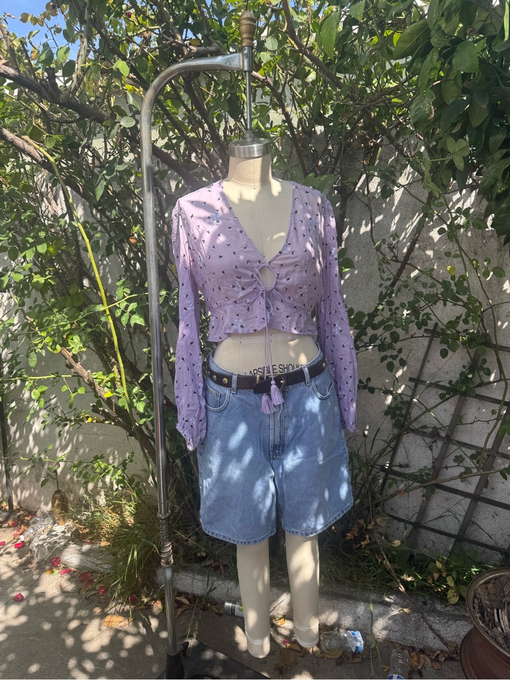 Free People Lavender Tie-Front Long Sleeve Crop Top